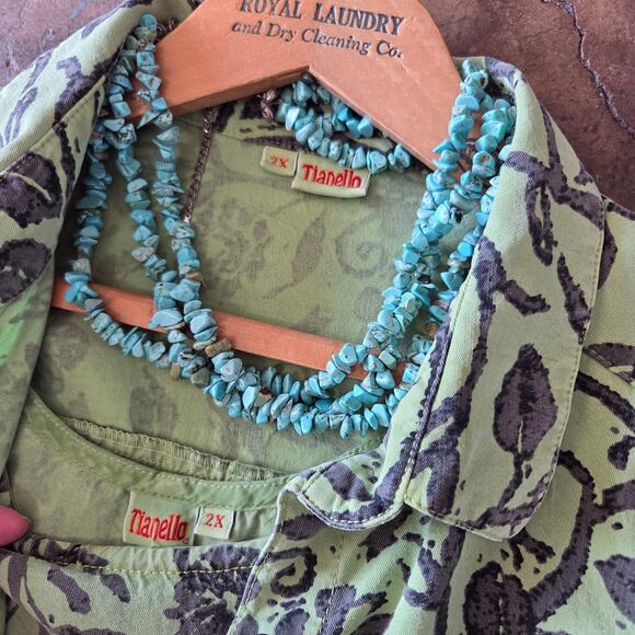 Tianello Short Sleeve Top Tank Set Plus Size 2X Green Floral Print Camp Shirt - Picture 9 of 11